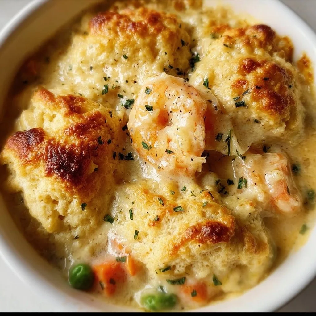 Cheddar Bay Biscuit Seafood Pot Pie served in a bowl