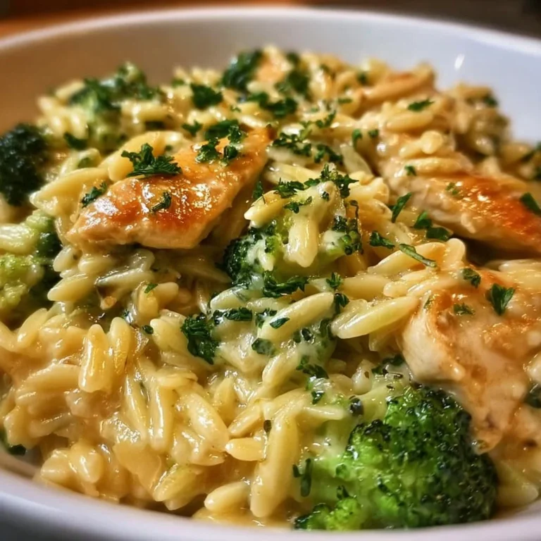Cheesy Chicken Broccoli Orzo dish with chicken, broccoli, and creamy cheese sauce
