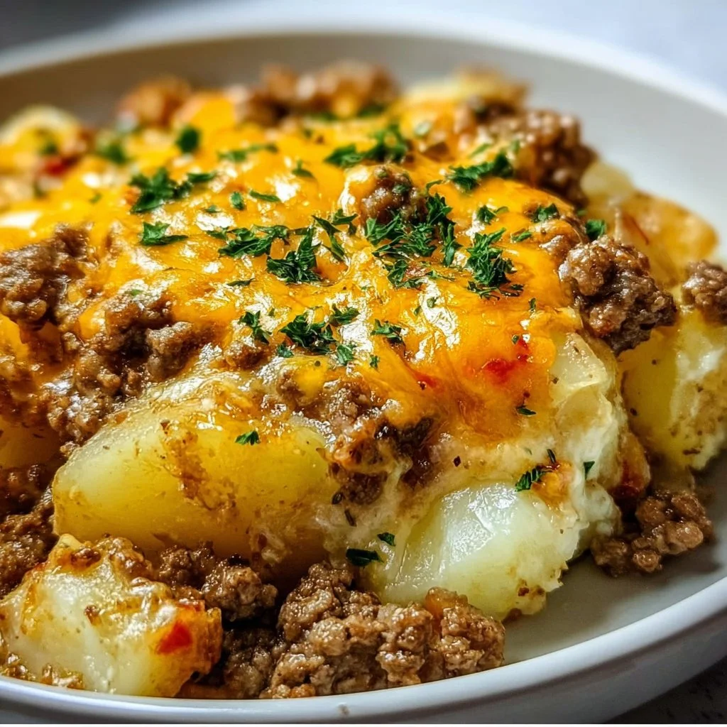 Cheesy ground beef and potato casserole baked in a dish