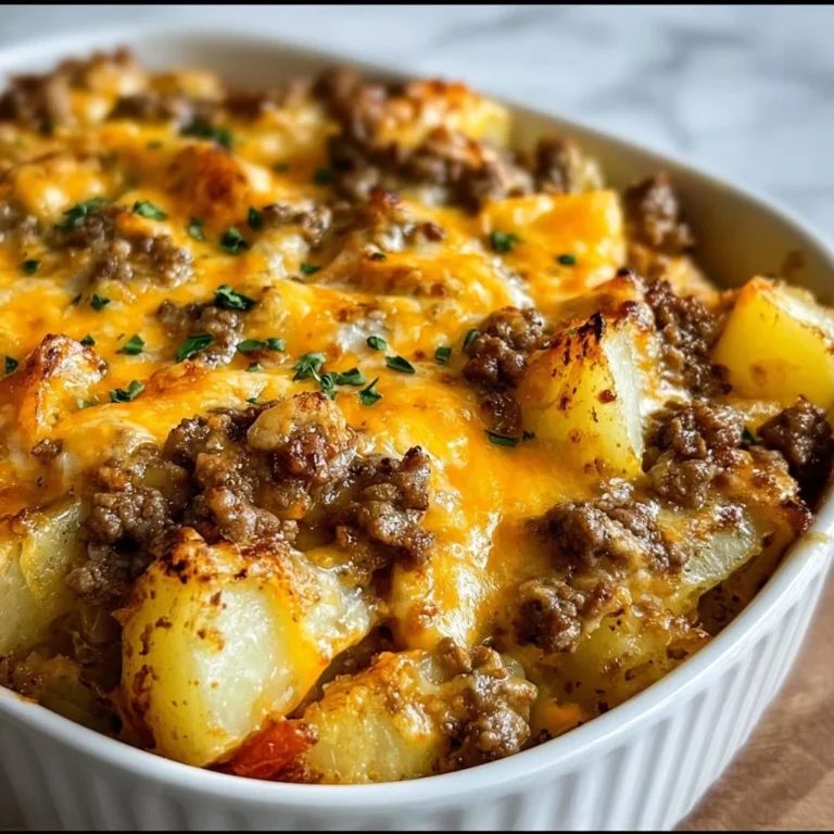Cheesy ground beef and potato casserole dish served in a baking dish