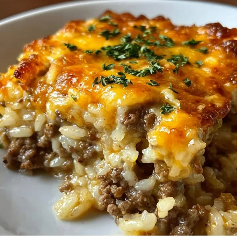 Cheesy Ground Beef Rice Casserole in a baking dish, topped with melted cheese