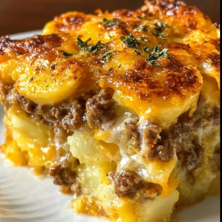 Cheesy hamburger potato casserole topped with melted cheese and ground beef.