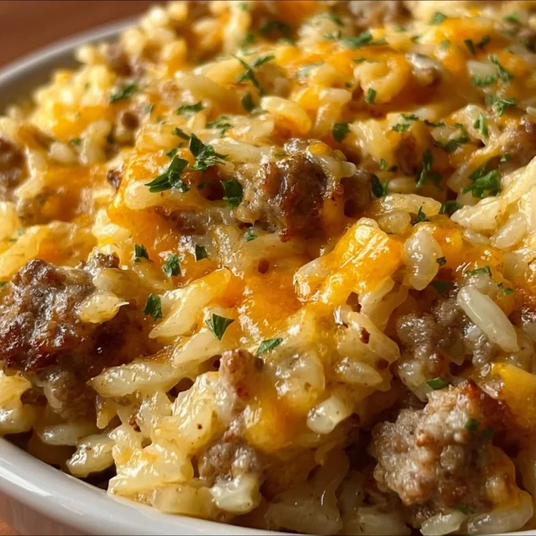 Cheesy Hamburger Rice Casserole baked and served in a dish