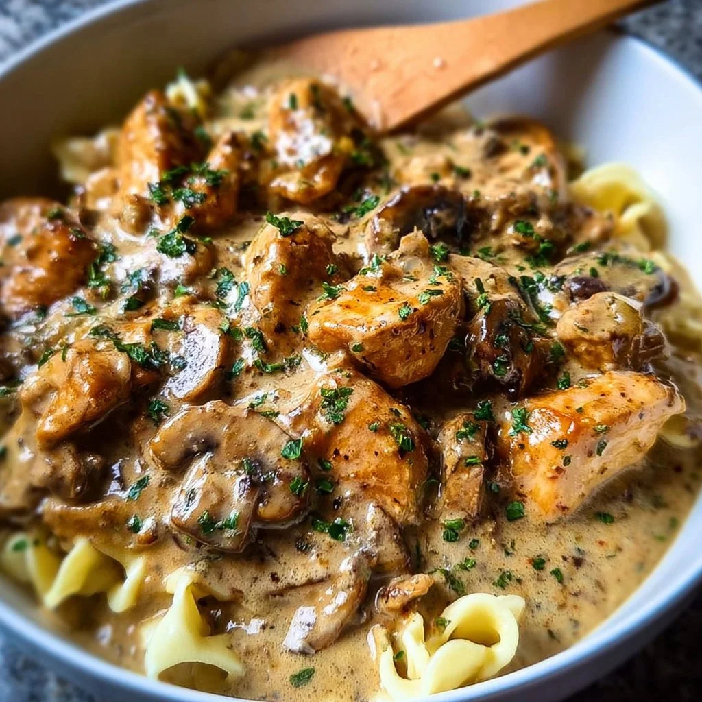 Delicious Chicken Stroganoff served with egg noodles and fresh parsley.