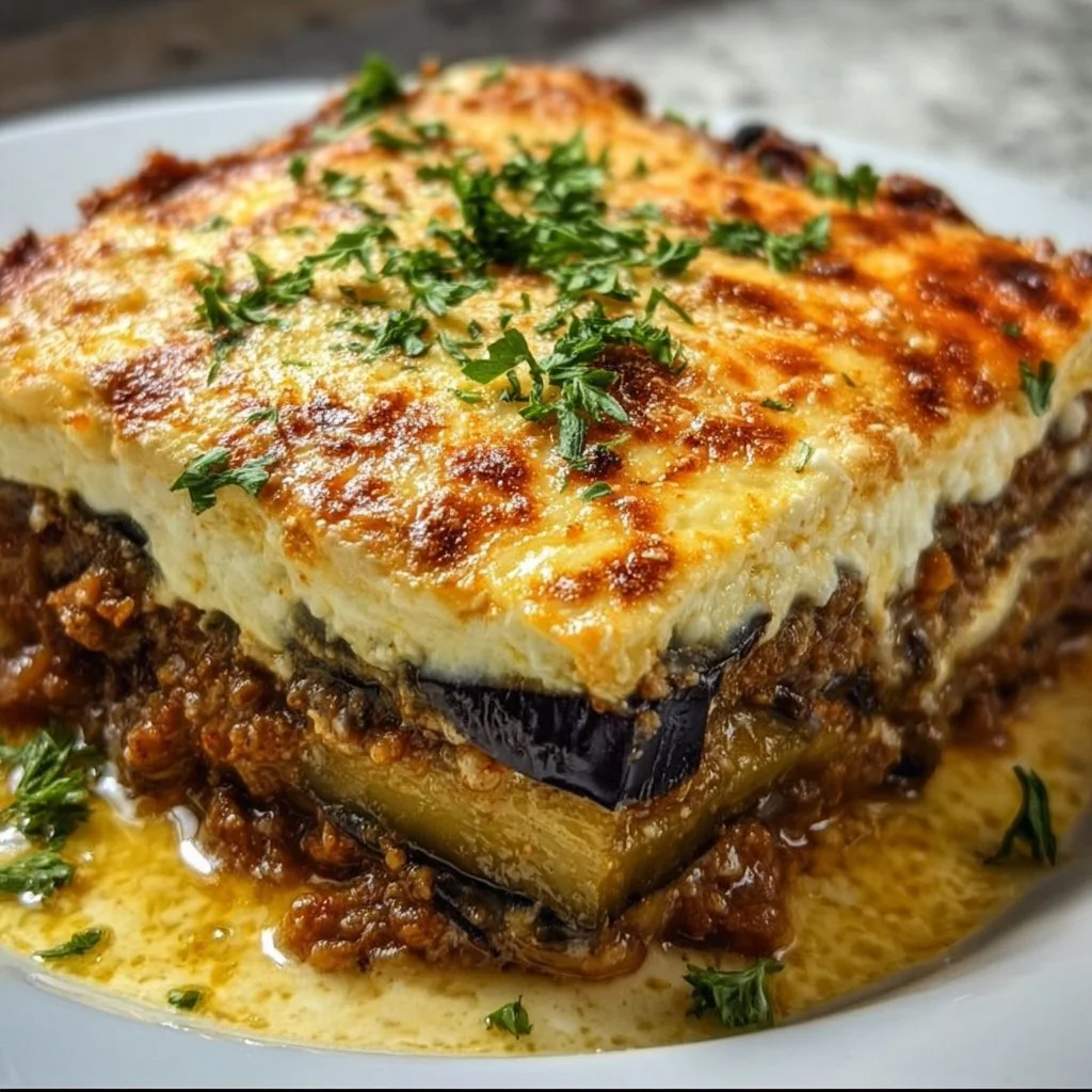 Classic Greek Eggplant Moussaka dish served with rich layers of eggplant and meat