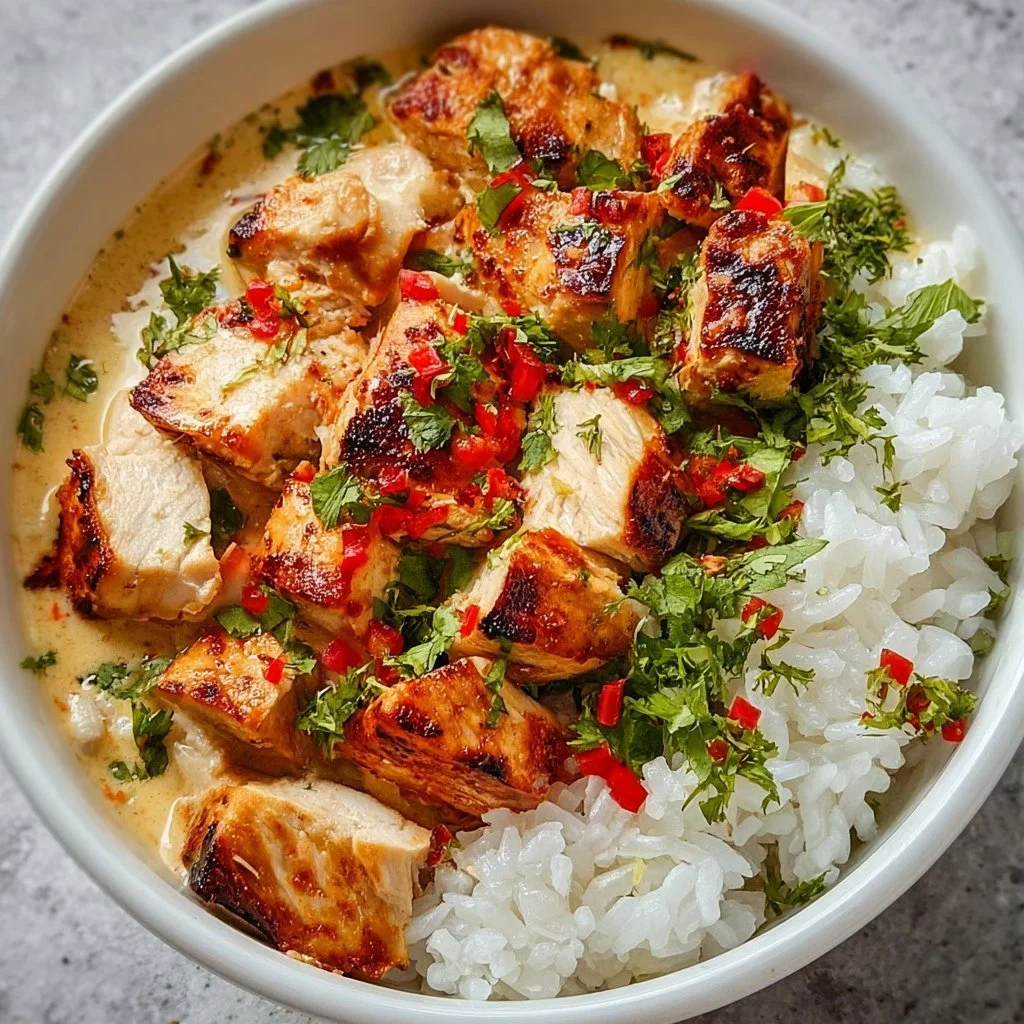Delicious Coconut Chicken Rice Bowl garnished with fresh herbs and coconut flakes