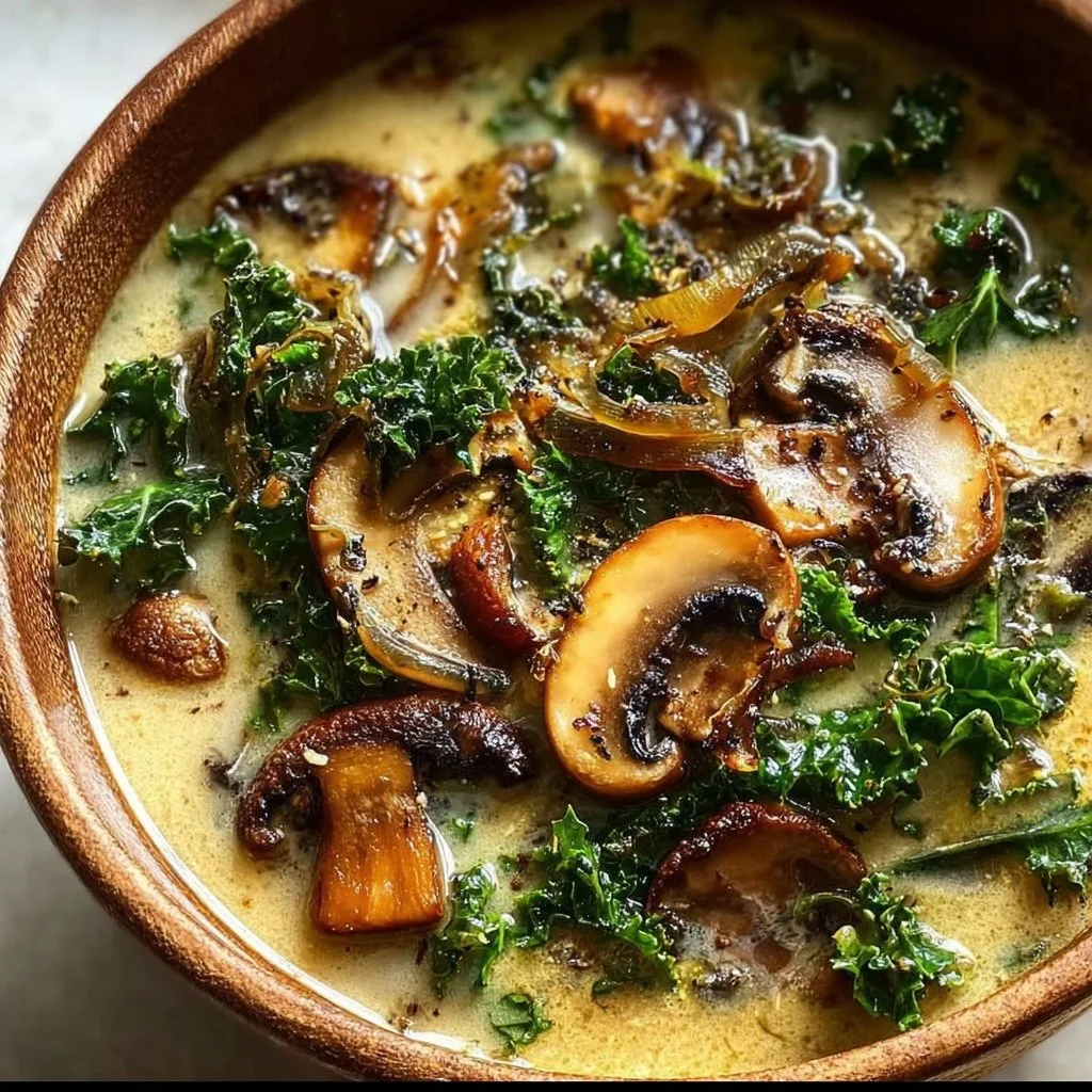 Bowl of wild mushroom soup with caramelized onions and kale