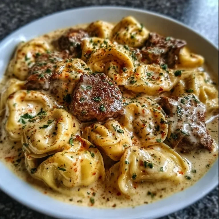 Creamy Cracked Garlic Steak Tortellini with herbs and spices in a gourmet dish