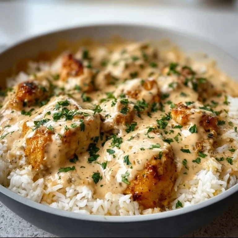Creamy smothered chicken and rice skillet dish ready to serve