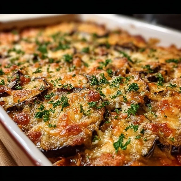 Delicious homemade eggplant casserole topped with cheese and herbs
