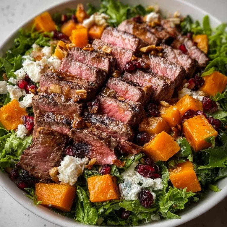 Delicious Fall Harvest Steak Salad with steak, greens, and seasonal vegetables.
