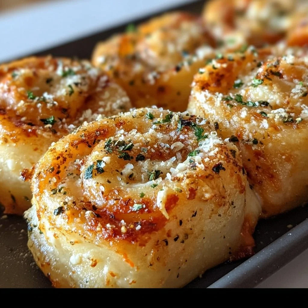 Delicious Garlic Parmesan New York Pizza Rolls on a plate with dipping sauce