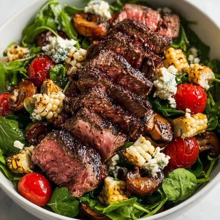 Grilled balsamic steak salad with fresh vegetables and dressing