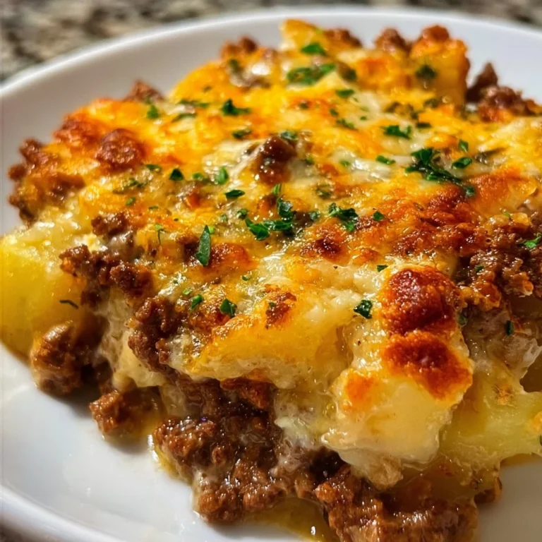 Hobo Casserole with ground beef, vegetables, and cheese in a baking dish