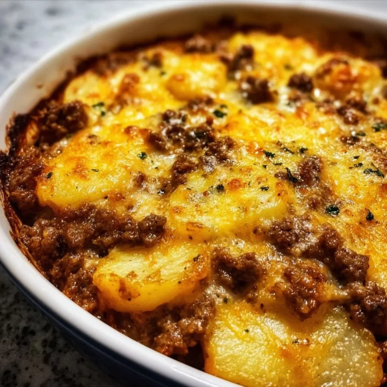 Delicious Hobo Casserole with ground beef and potatoes cooked in a skillet.