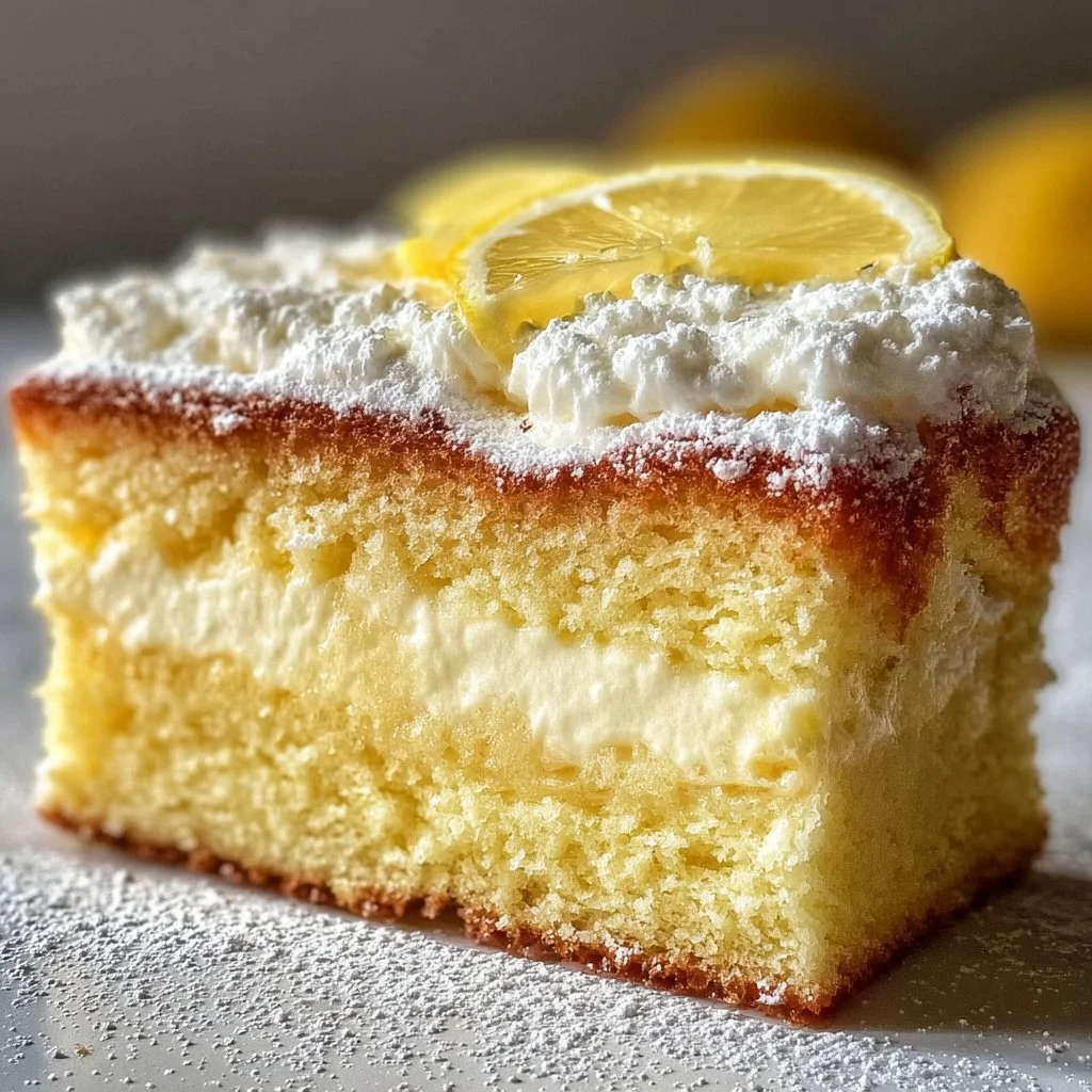 Delicious Italian lemon cream cake with a fluffy lemon frosting and a slice on a plate