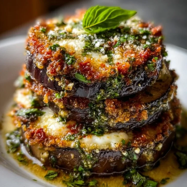 Italian Pesto Parmesan Eggplant Stacks layered with flavorful ingredients