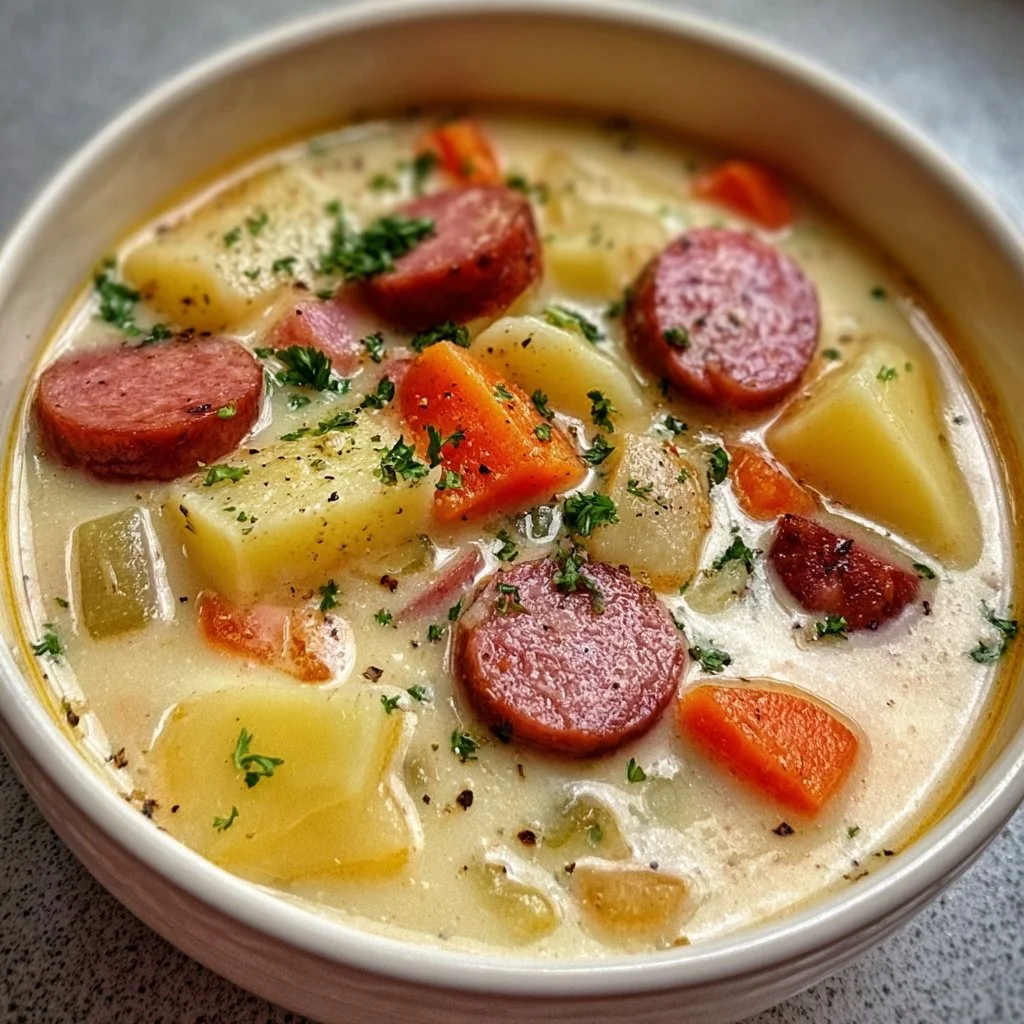 Delicious bowl of Kielbasa Potato Soup garnished with herbs.