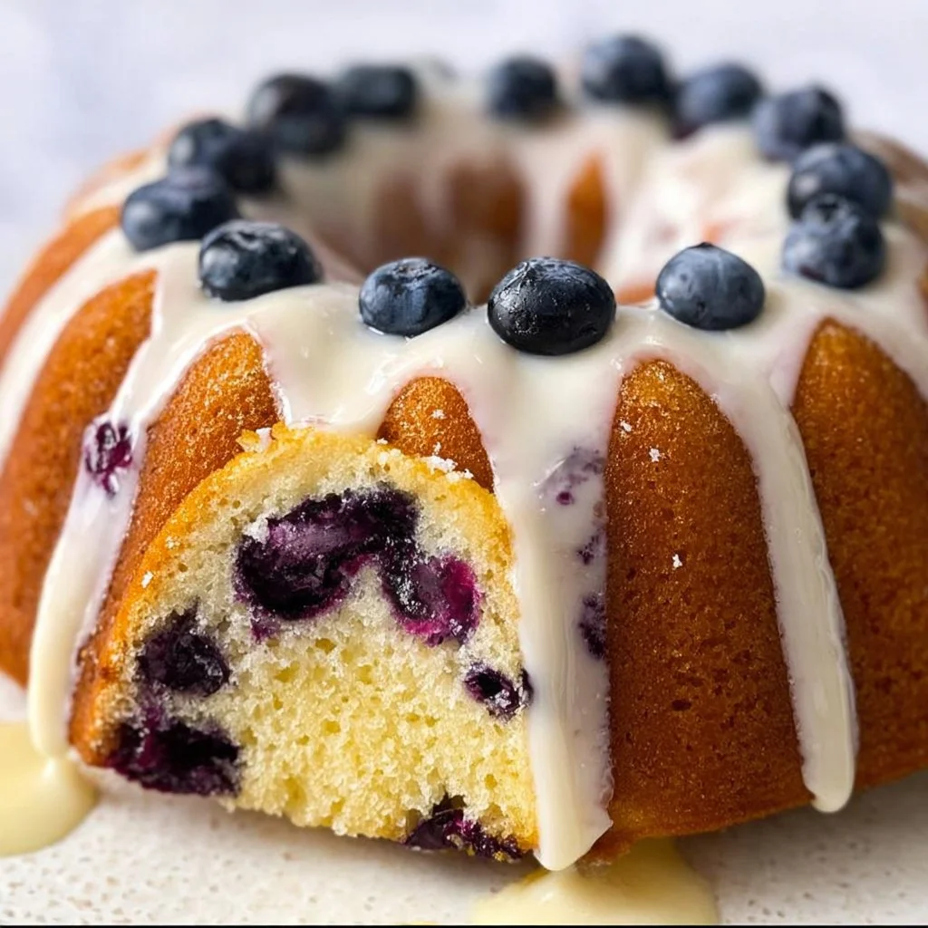 Delicious Lemon Blueberry Bundt Cake with fresh blueberries and lemon glaze