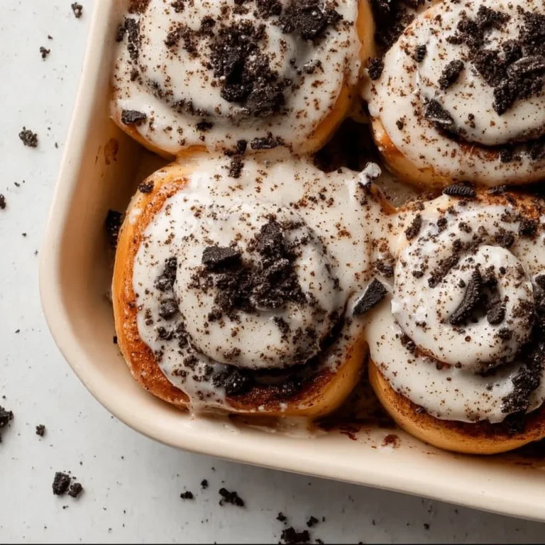 Delicious Oreo Cinnamon Rolls topped with creamy frosting and crumbled Oreos