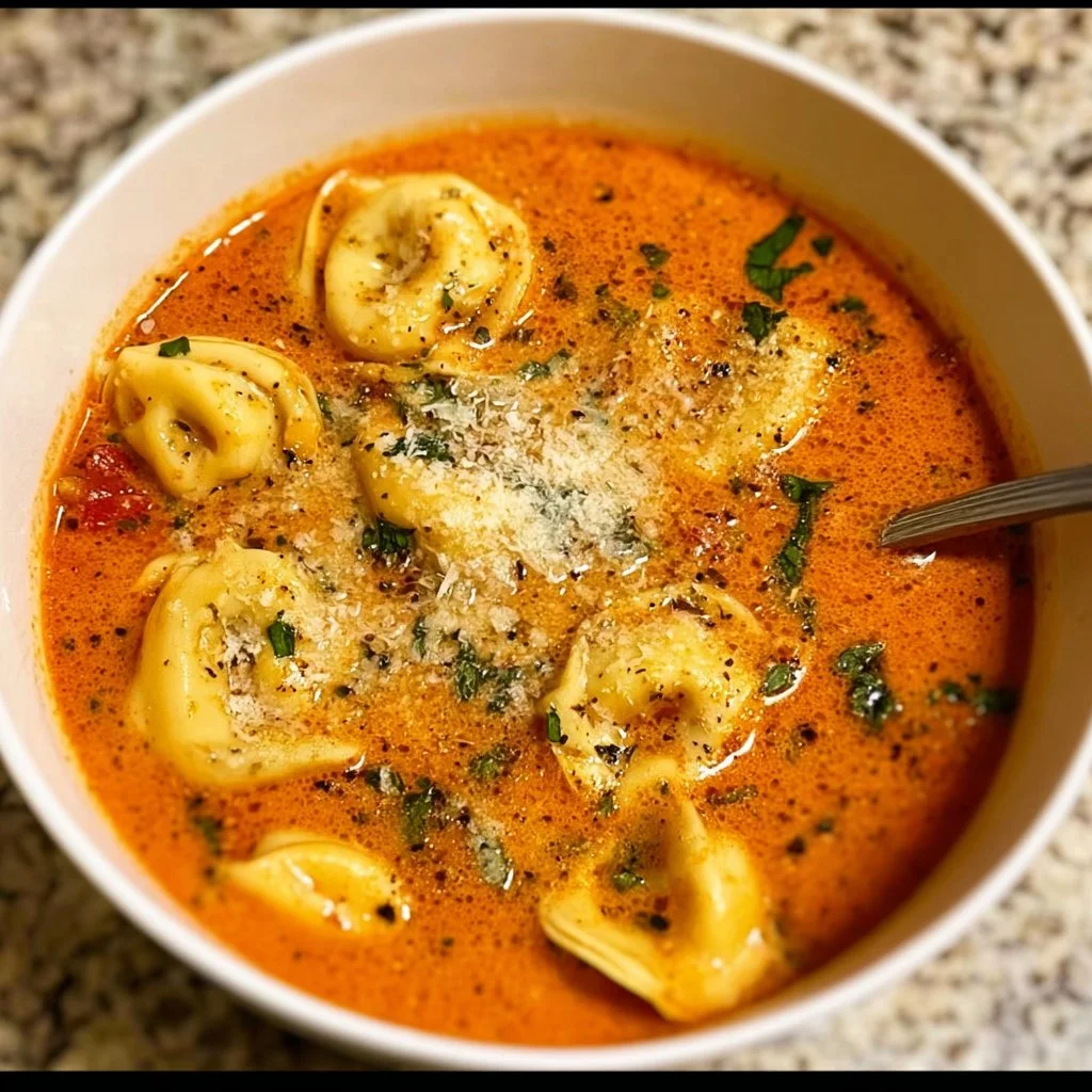 Delicious Parmesan Tomato Tortellini Soup in a bowl garnished with fresh herbs.