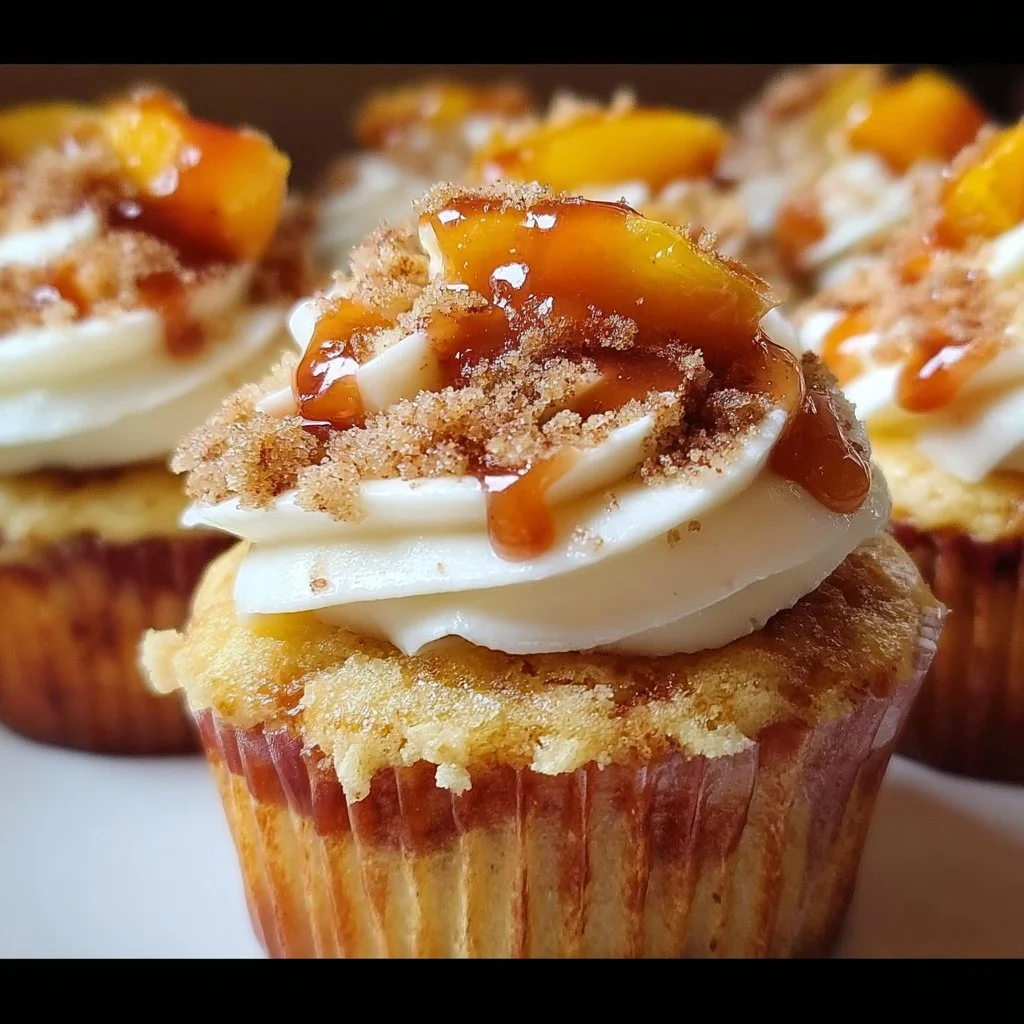 Peach cobbler cupcakes topped with peach slices and crumbles.