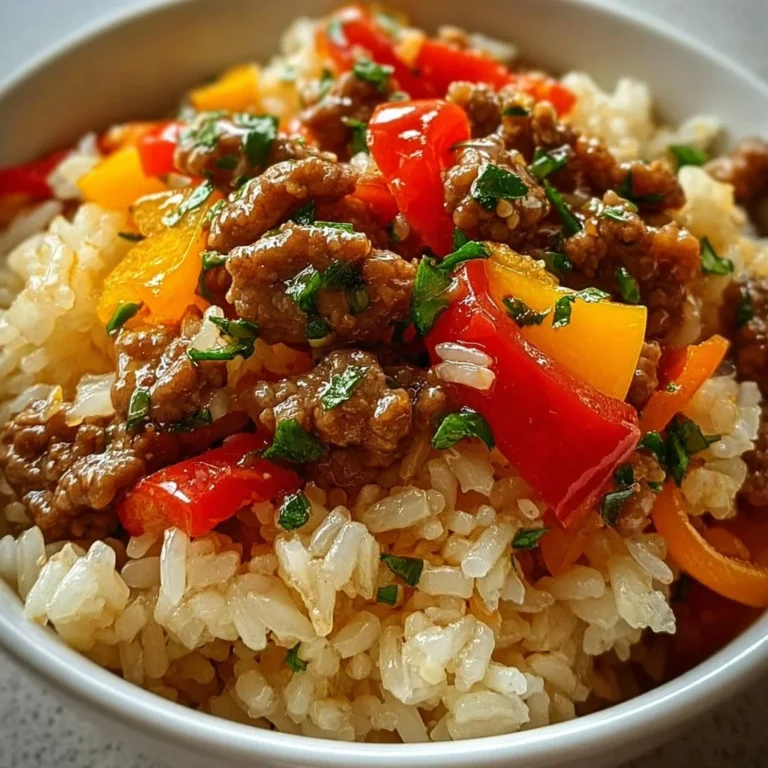 Quick and easy beef and pepper rice bowl served in a white bowl