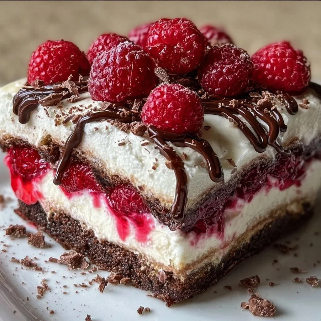 Delicious Raspberry Chocolate Lasagna dessert with layers of chocolate and raspberry.