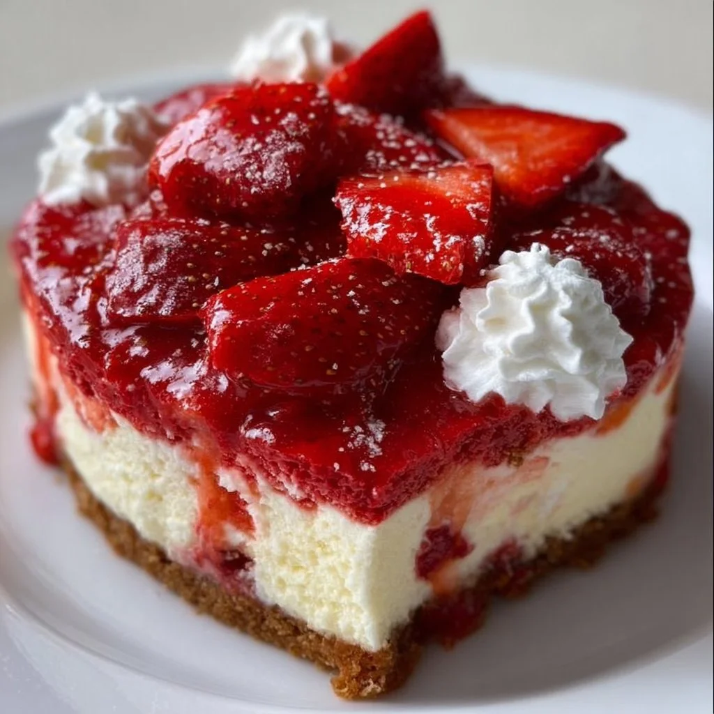Slice of Red Velvet Strawberry Cheesecake topped with fresh strawberries