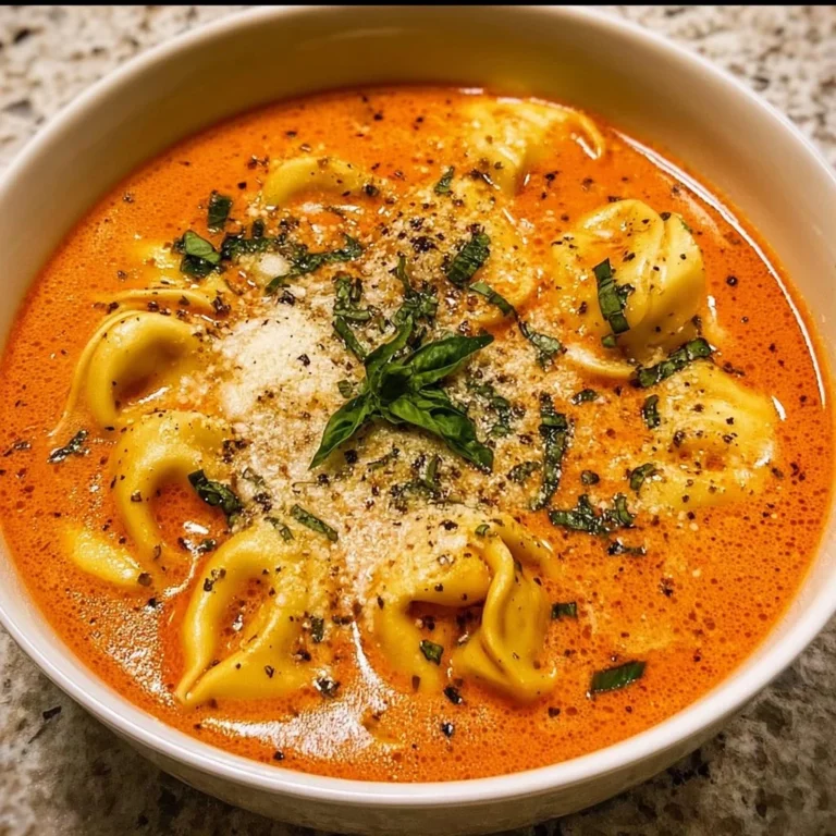Bowl of rich tomato tortellini soup garnished with herbs and cheese