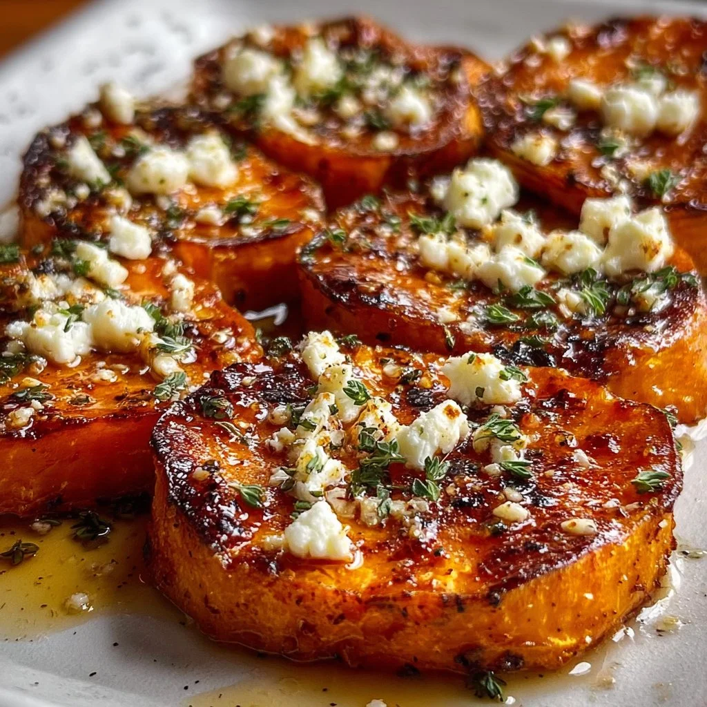 Roasted sweet potato rounds drizzled with honey and feta cheese