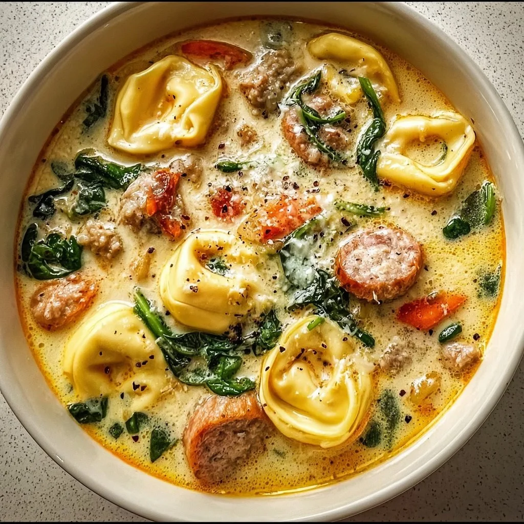 Bowl of sausage tortellini soup garnished with herbs and parmesan cheese.