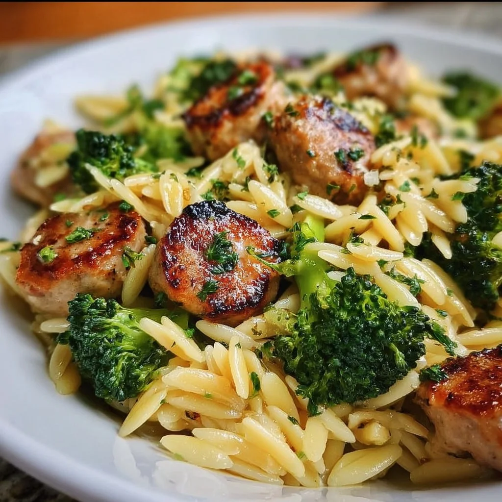 Savory chicken sausage and broccoli orzo dish served in a bowl.