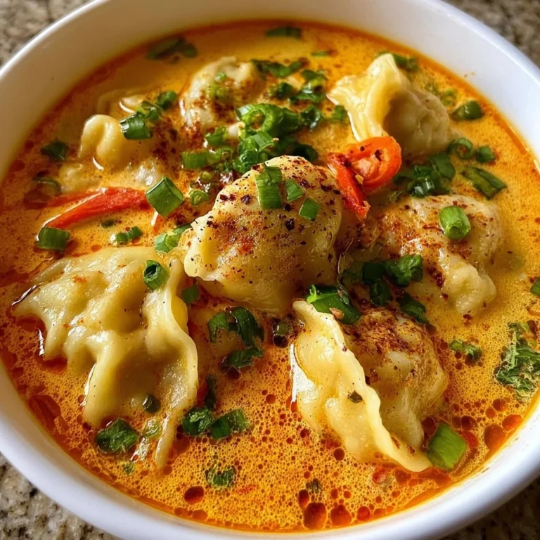 Bowl of Simple Coconut Curry Soup with Dumplings garnished with fresh herbs