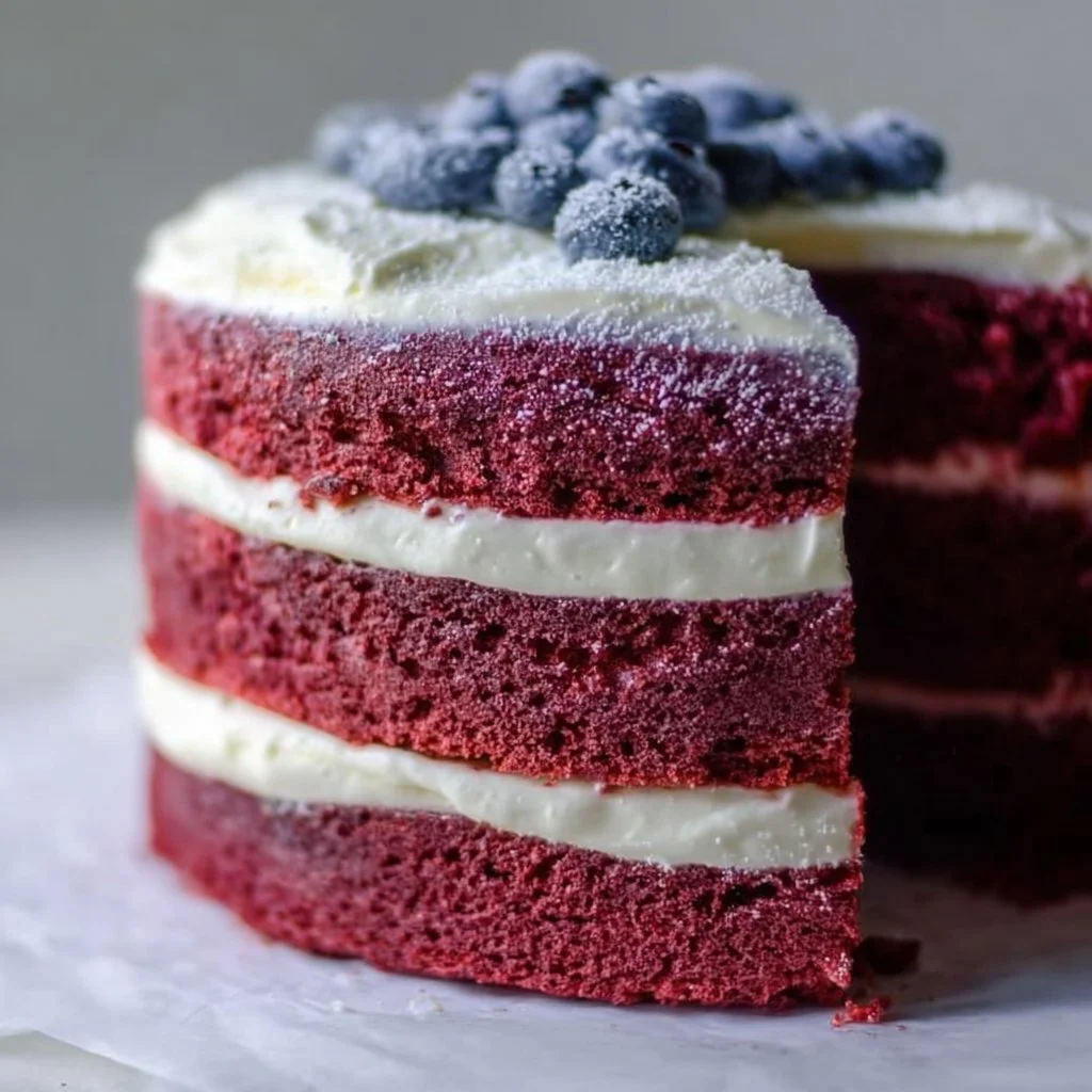 A moist and rich velvet cake topped with creamy frosting, perfect for dessert lovers.