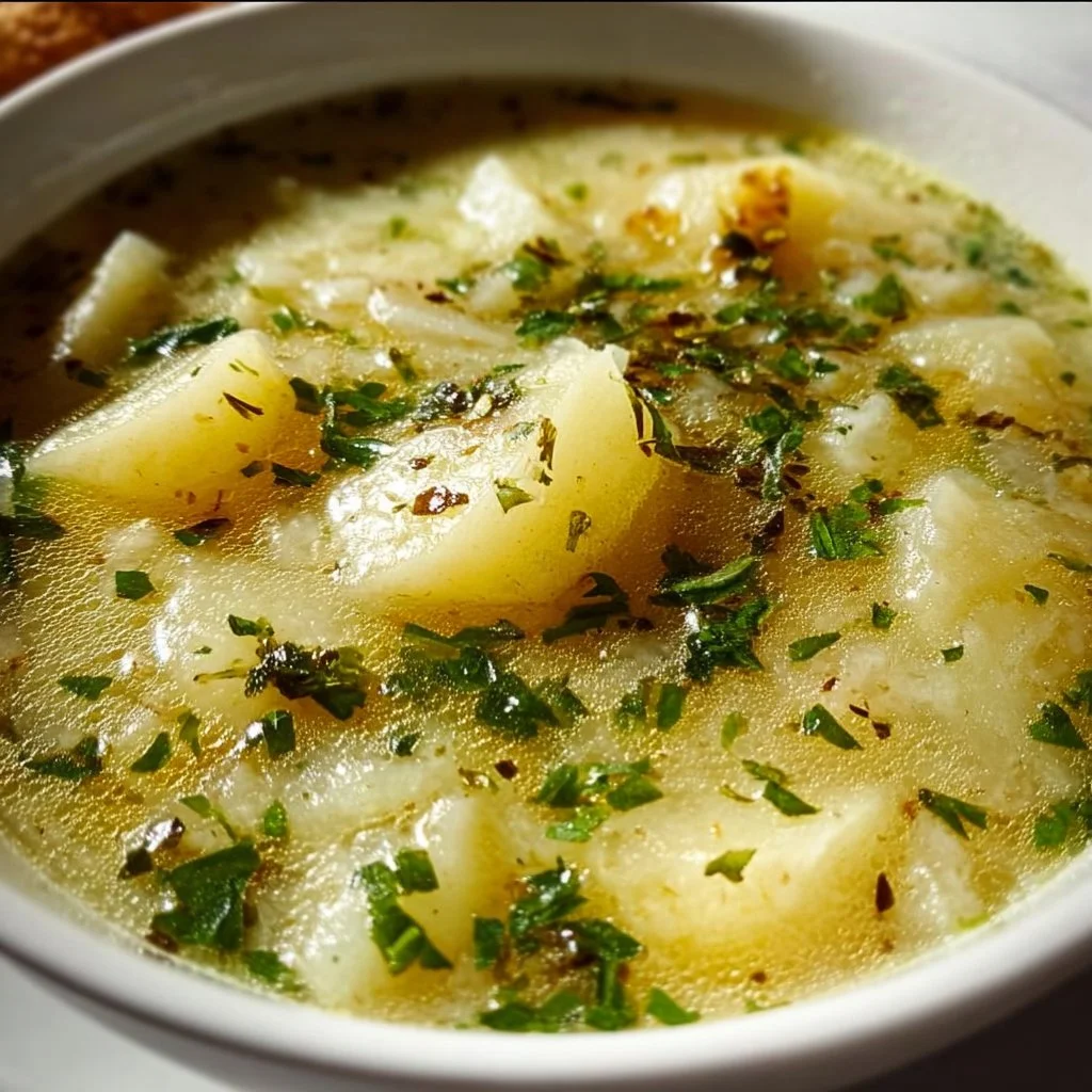 Bowl of soothing Garlic Potato Soup topped with herbs, perfect for hangover cure.