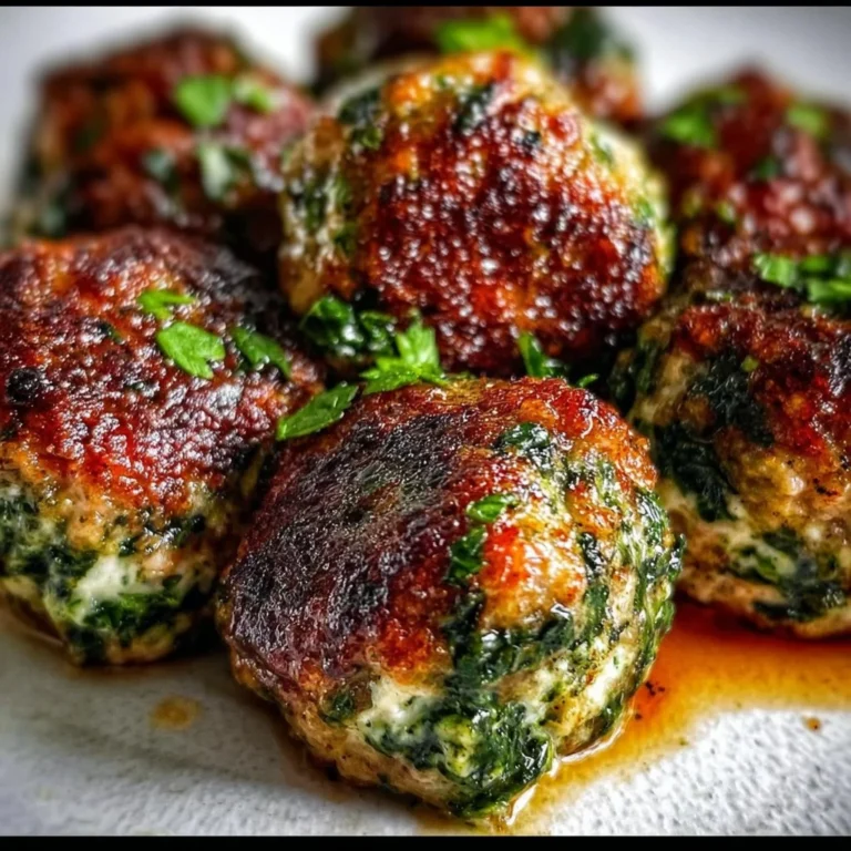 Delicious spinach garlic meatballs served with pasta and sauce