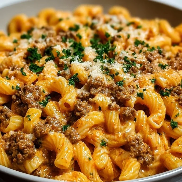 Stovetop creamy ground beef pasta served in a bowl with herbs.