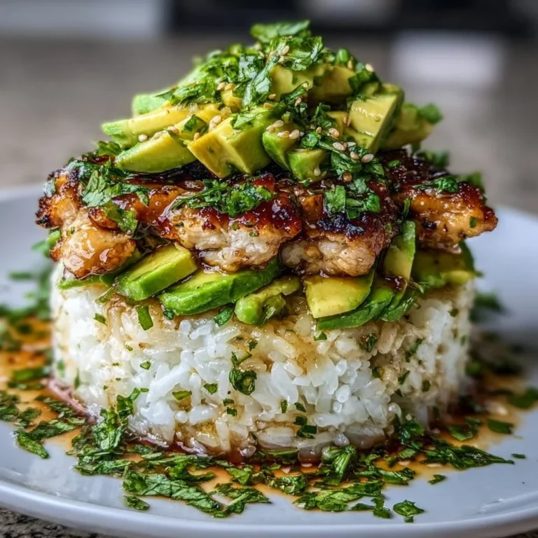 Plate of Tangy Honey Lime Chicken with Avocado Rice Stack