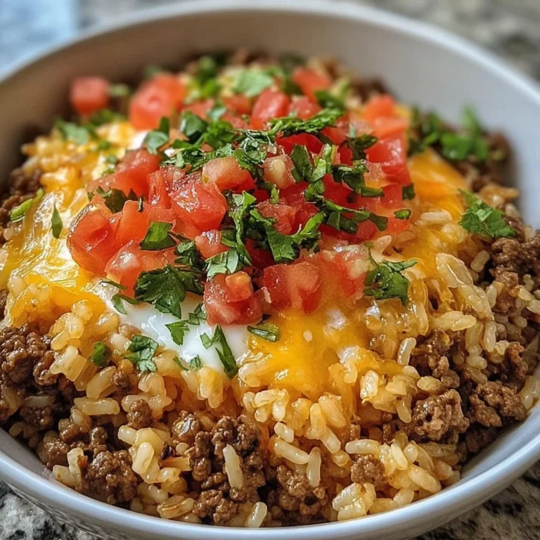 Tex-Mex beef rice bowl topped with fresh ingredients and spices.