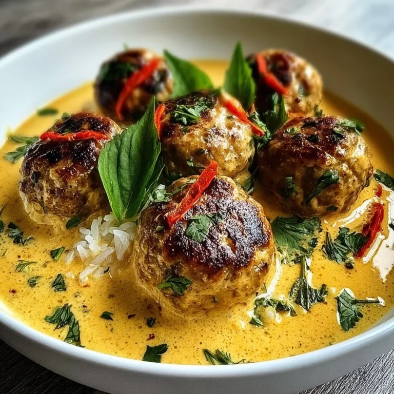 Delicious Thai chicken meatballs simmering in creamy coconut curry sauce