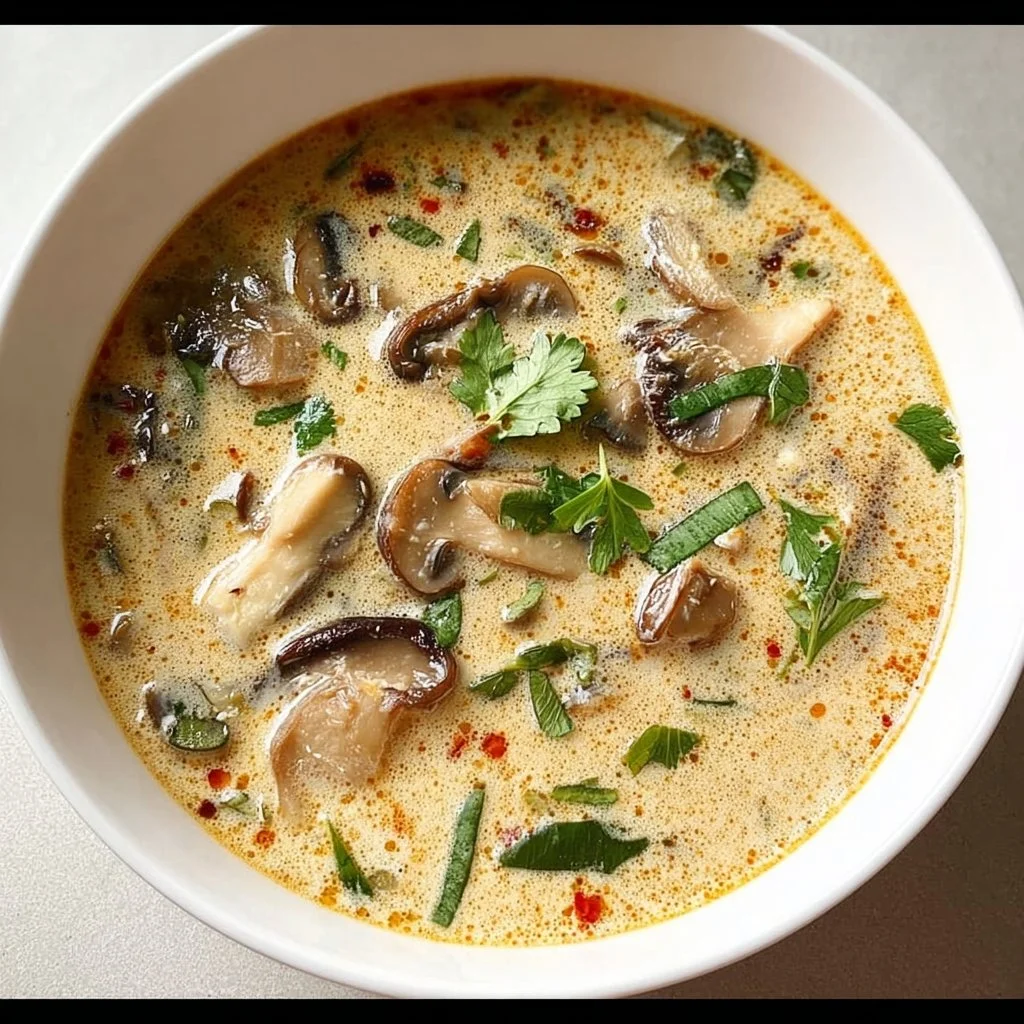 Bowl of Thai Coconut Mushroom Soup garnished with fresh herbs