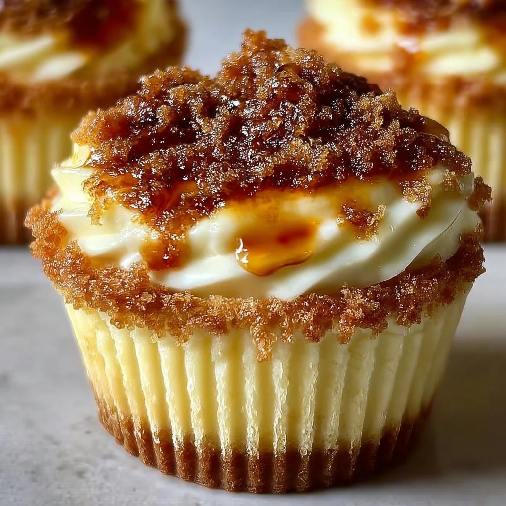 Vanilla bean crème brûlée cheesecake cupcakes with caramelized sugar topping
