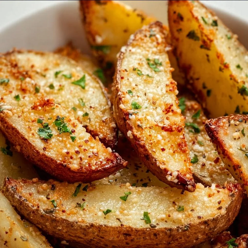 Baked Garlic Parmesan Potato Wedges served in a bowl with herbs