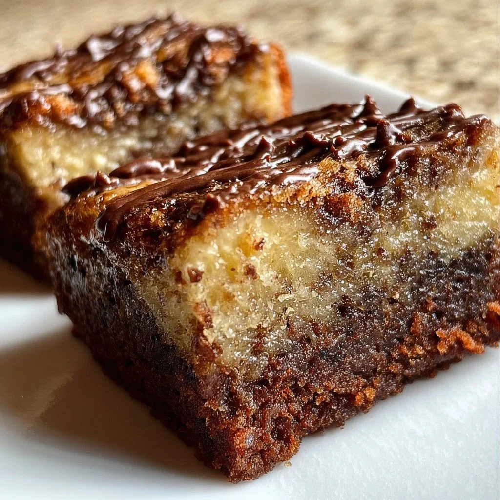 Delicious banana bread brownies topped with chocolate and walnuts.