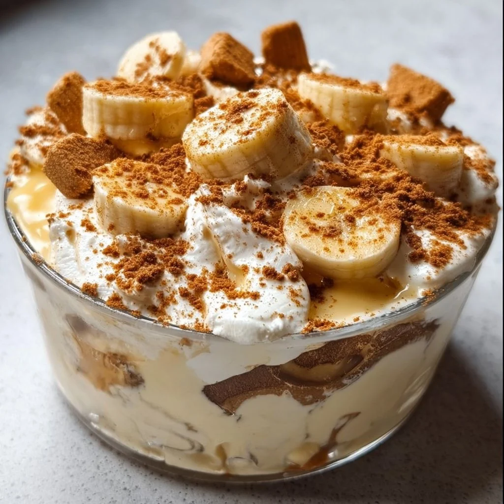 Delicious Biscoff Banana Pudding with layers of bananas and Biscoff cookies.