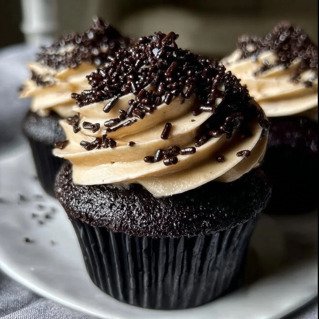 Decadent Black Velvet Cupcakes with cream frosting on a decorative plate