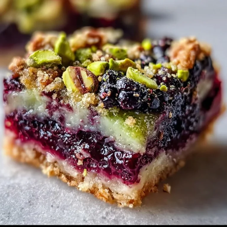 Homemade Blackberry Pistachio Dream Bars topped with fresh berries and nuts