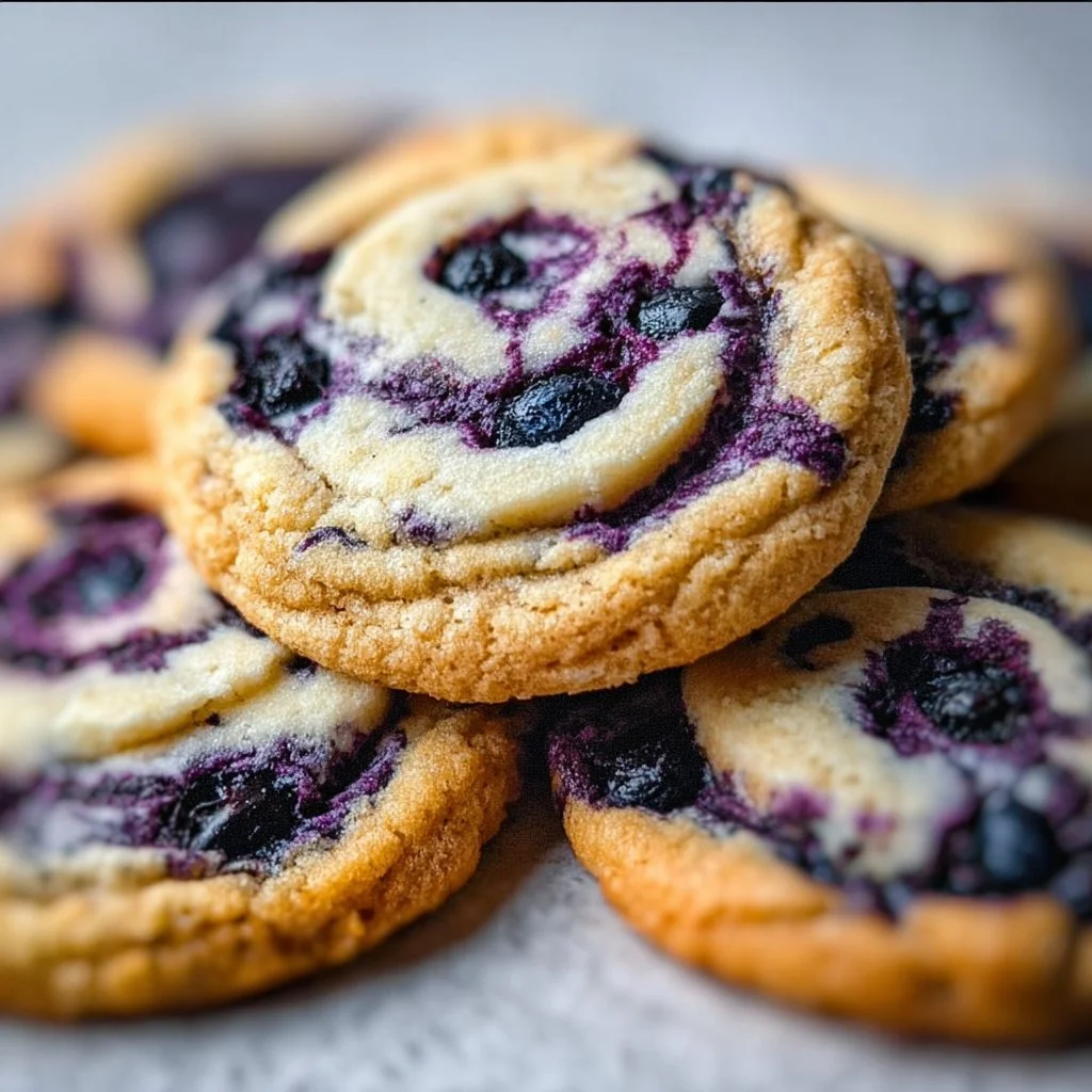 Blueberry cheesecake cookies arranged on a plate, showcasing their delicious texture and color.