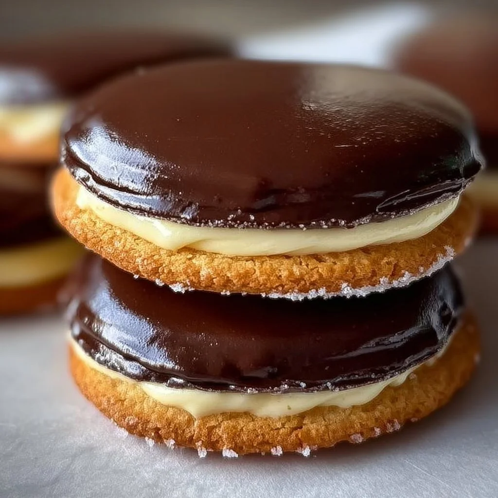 Delicious Boston Cream Pie Cookies topped with chocolate ganache and cream filling